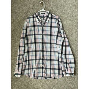 Express Modern Fit Mens XL Pink Blue Gray Plaid Long Sleeve Button Up Shirt